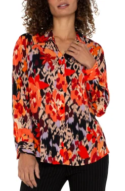 Tops-Liverpool Los Angeles PETITE LONG SLEEVE BUTTON UP WOVEN BLOUSE Burntorangefloral
