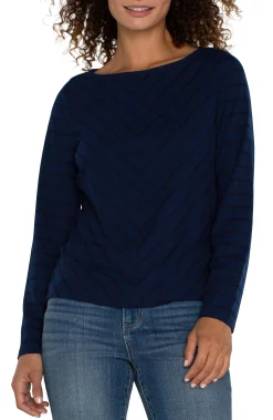 Tops-Liverpool Los Angeles PETITE LONG SLEEVE MITER KNIT TOP Darknavystripe