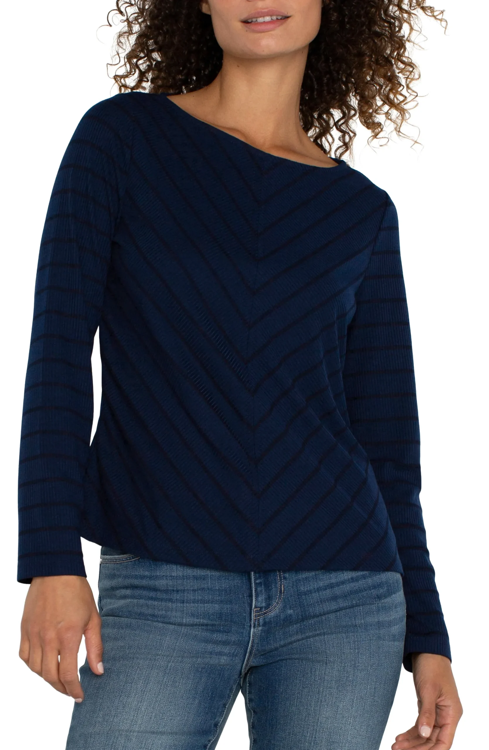 Tops-Liverpool Los Angeles PETITE LONG SLEEVE MITER KNIT TOP Darknavystripe