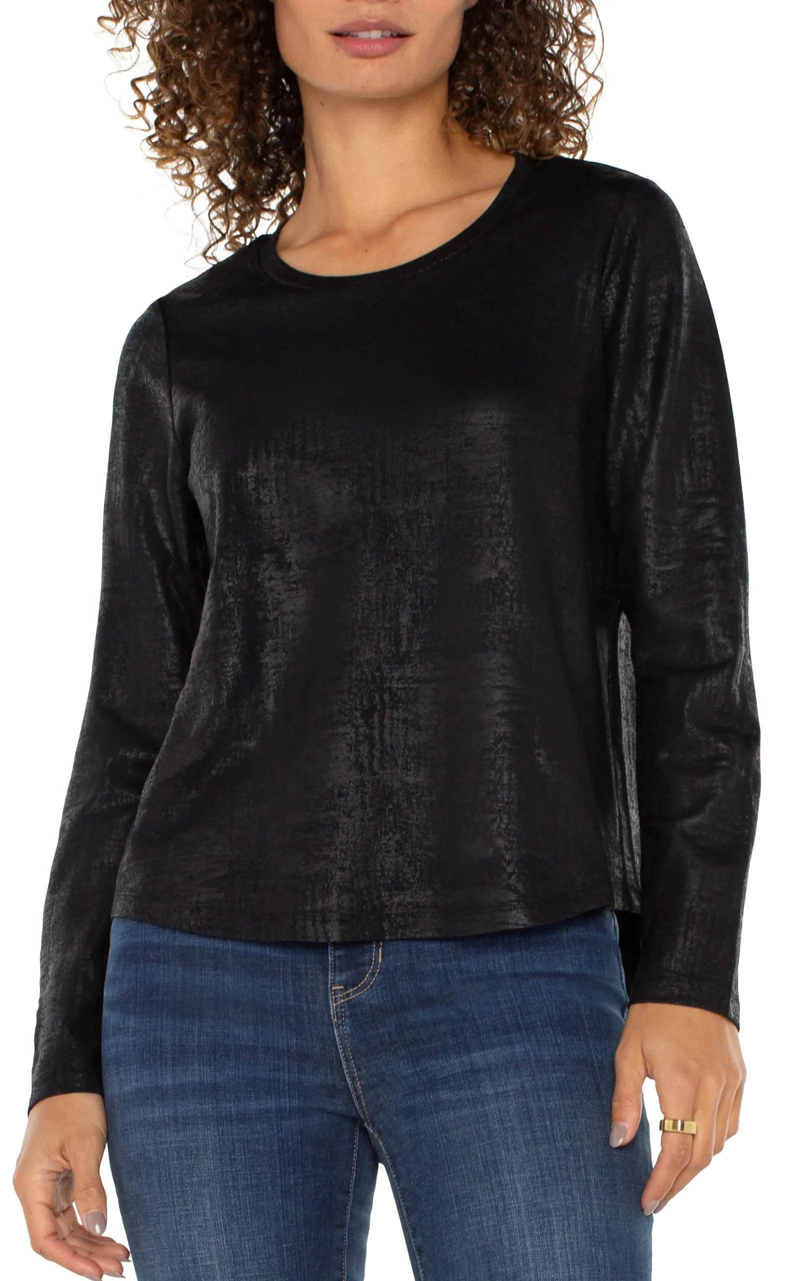 Tops-Liverpool Los Angeles PETITE LONG SLEEVE SCOOP NECK KNIT TOP Distressedblack