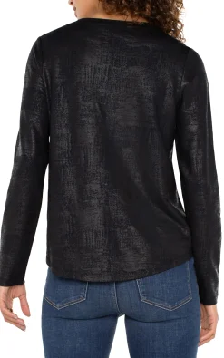 Tops-Liverpool Los Angeles PETITE LONG SLEEVE SCOOP NECK KNIT TOP Distressedblack