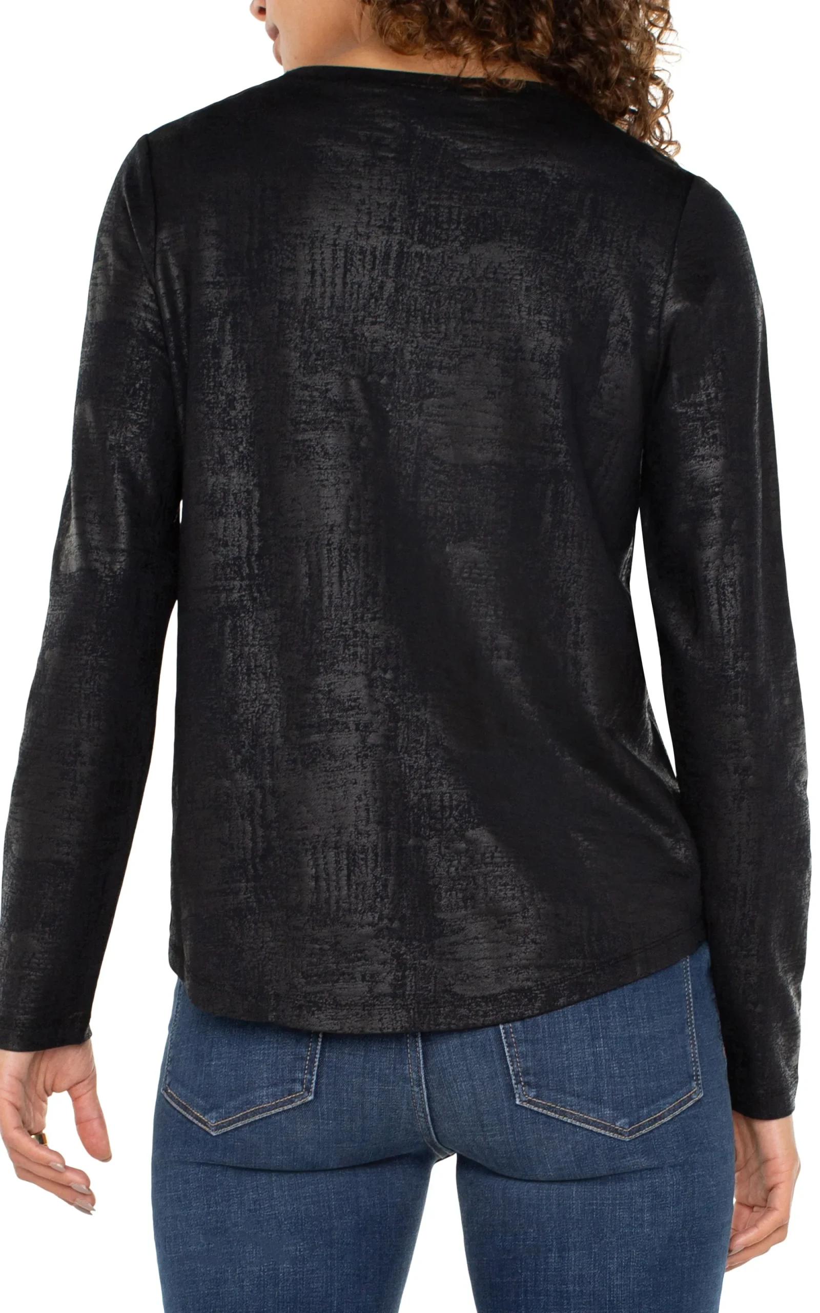 Tops-Liverpool Los Angeles PETITE LONG SLEEVE SCOOP NECK KNIT TOP Distressedblack