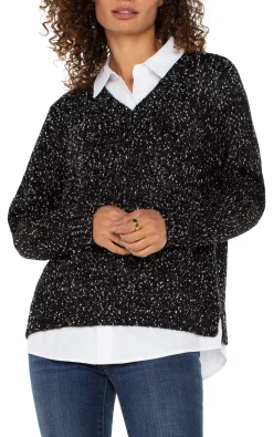 Tops-Liverpool Los Angeles PETITE LONG SLEEVE TWOFER COLLARED SWEATER Blackwithwhiteflecks