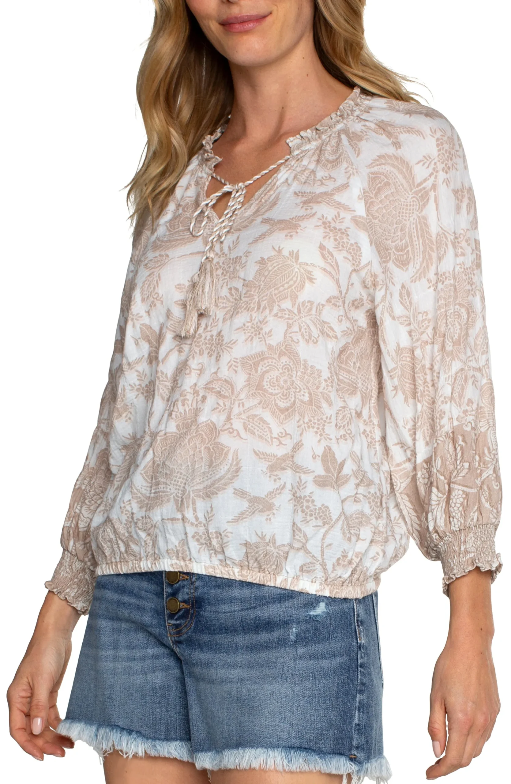 Tops-Liverpool Los Angeles PETITE OPEN CREW NECK RAGLAN TOP Tanwhitefloral