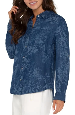 Tops-Liverpool Los Angeles PETITE ROLLED SLEEVE BUTTON DOWN SHIRT Indigofloral