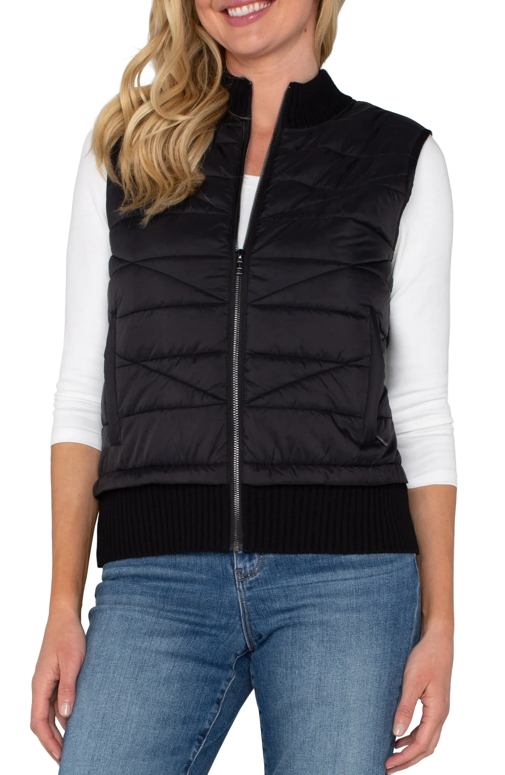 Jackets-Liverpool Los Angeles PETITE SLEEVELESS QUILTED FULL ZIP SWEATER VEST Black