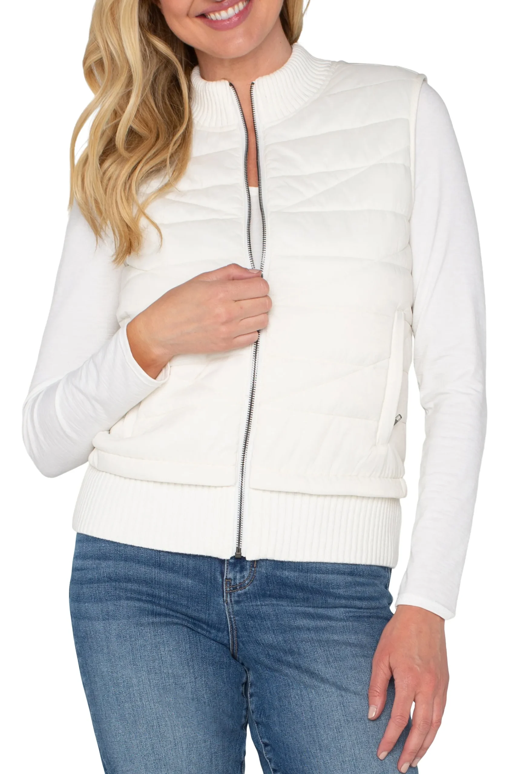 Jackets-Liverpool Los Angeles PETITE SLEEVELESS QUILTED FULL ZIP SWEATER VEST Porcelain