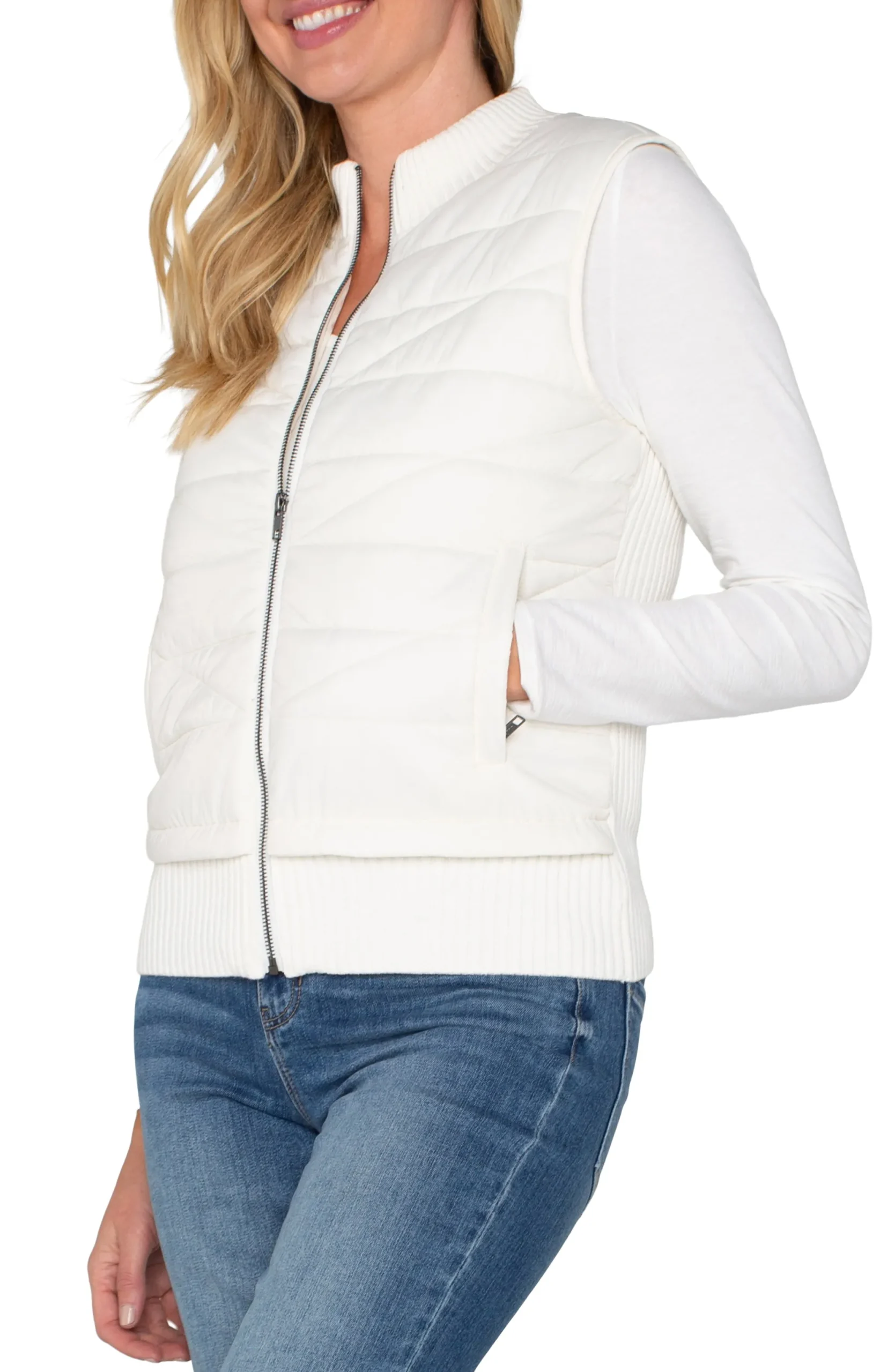 Jackets-Liverpool Los Angeles PETITE SLEEVELESS QUILTED FULL ZIP SWEATER VEST Porcelain