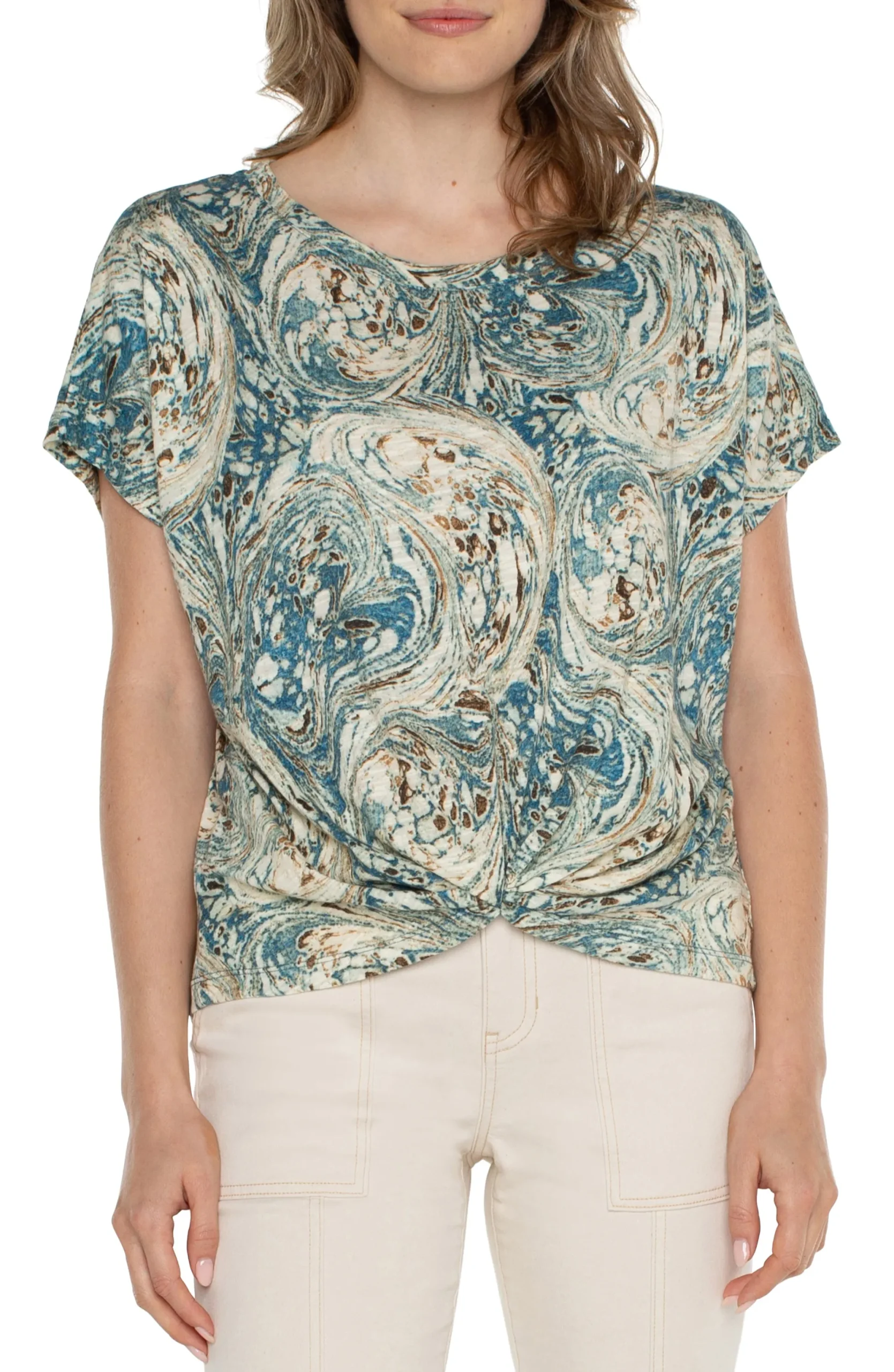 Tops-Liverpool Los Angeles PETITE TWIST FRONT DOLMAN KNIT TEE Oceanblueecrumarble