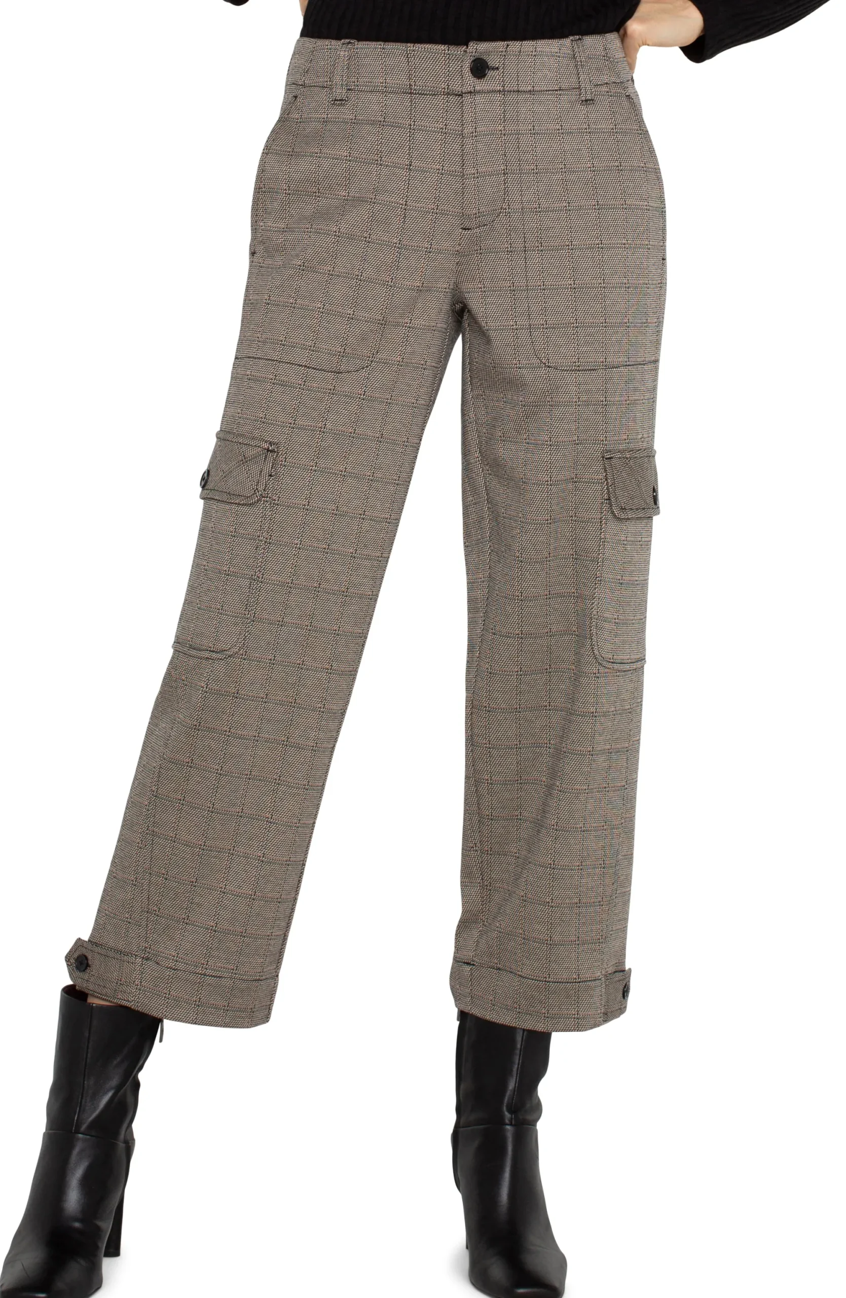Pants-Liverpool Los Angeles PETITE UTILITY CARGO CROP WITH TAB HEM Peppercornplaid
