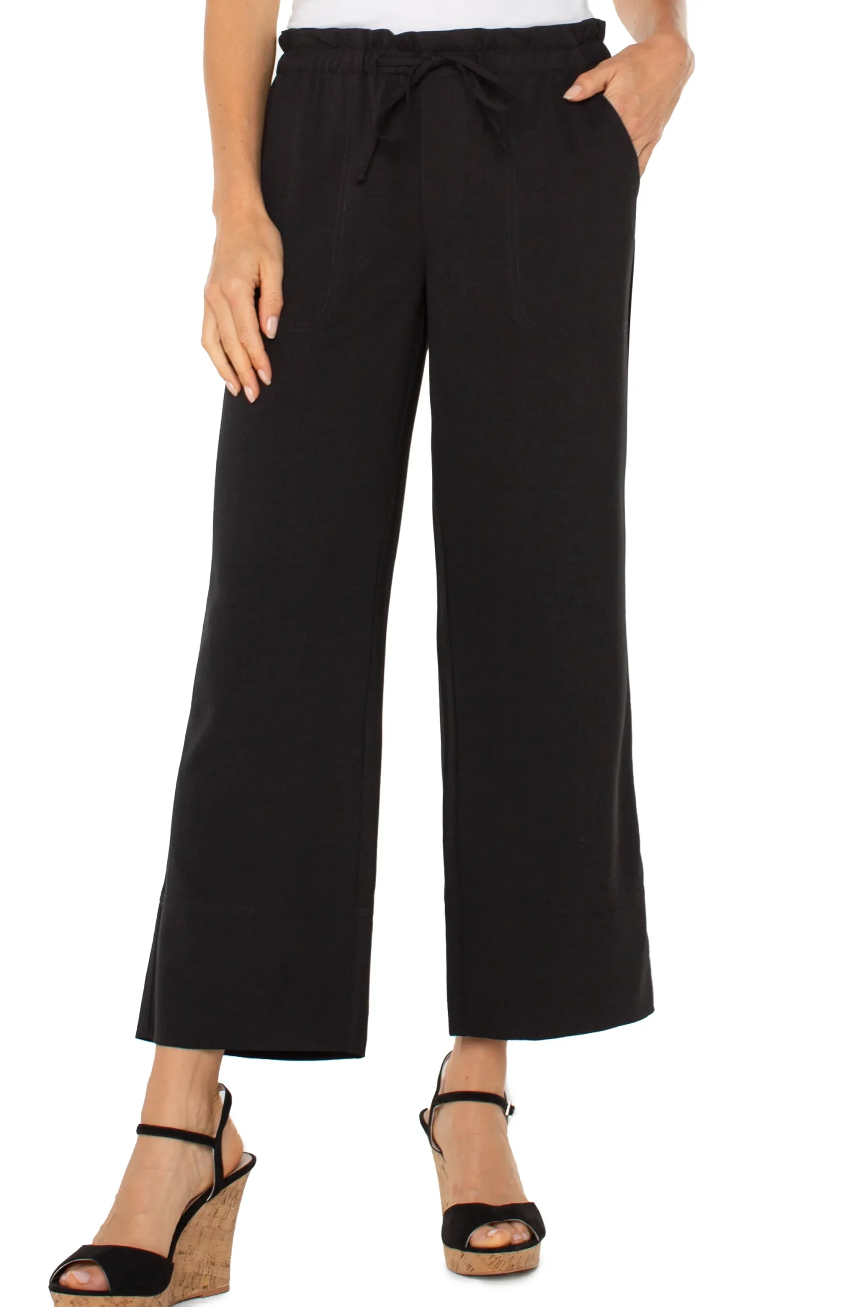 Pants|Knit Pull-On-Liverpool Los Angeles PULL-ON TIE WAIST WIDE LEG ANKLE Black