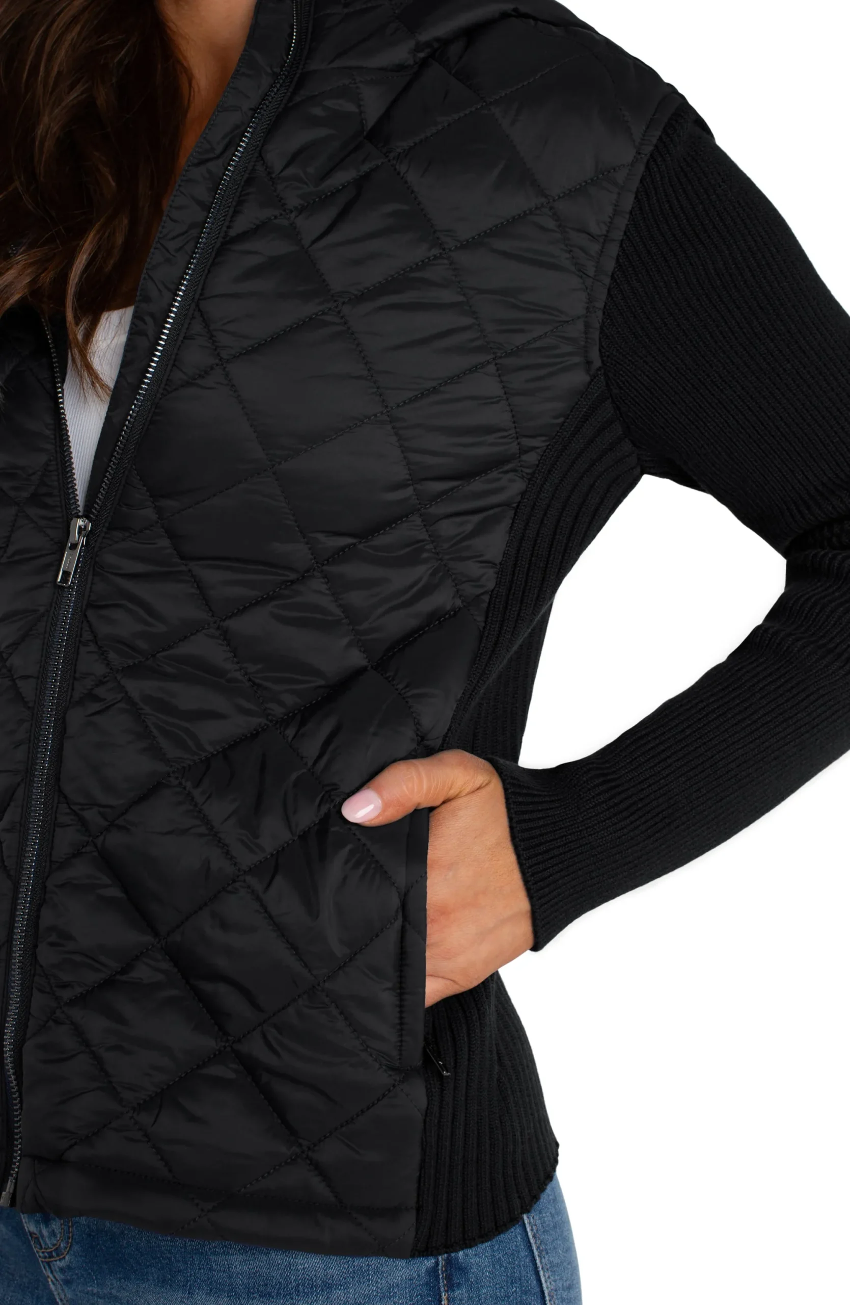 Jackets-Liverpool Los Angeles QUILTED FRONT FULL ZIP HOODED SWEATER Black