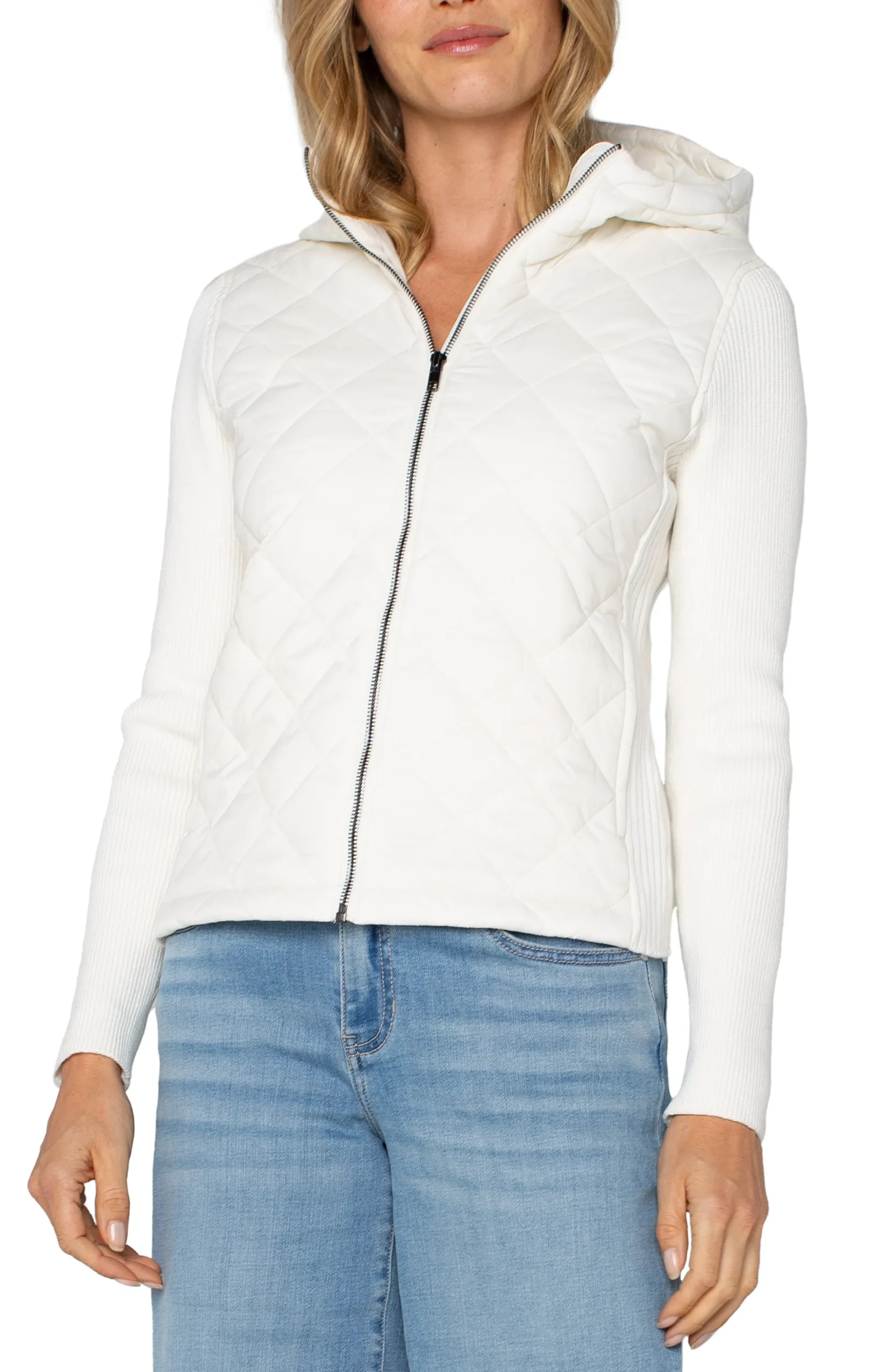 Jackets-Liverpool Los Angeles QUILTED FRONT FULL ZIP HOODED SWEATER Porcelain