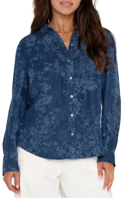 Tops-Liverpool Los Angeles ROLLED SLEEVE BUTTON DOWN SHIRT Indigofloral