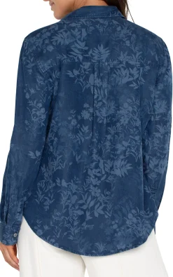 Tops-Liverpool Los Angeles ROLLED SLEEVE BUTTON DOWN SHIRT Indigofloral