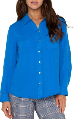 Tops-Liverpool Los Angeles ROLLED SLEEVE BUTTON DOWN WOVEN SHIRT Bluetopaz