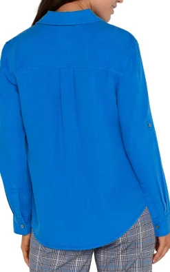 Tops-Liverpool Los Angeles ROLLED SLEEVE BUTTON DOWN WOVEN SHIRT Bluetopaz