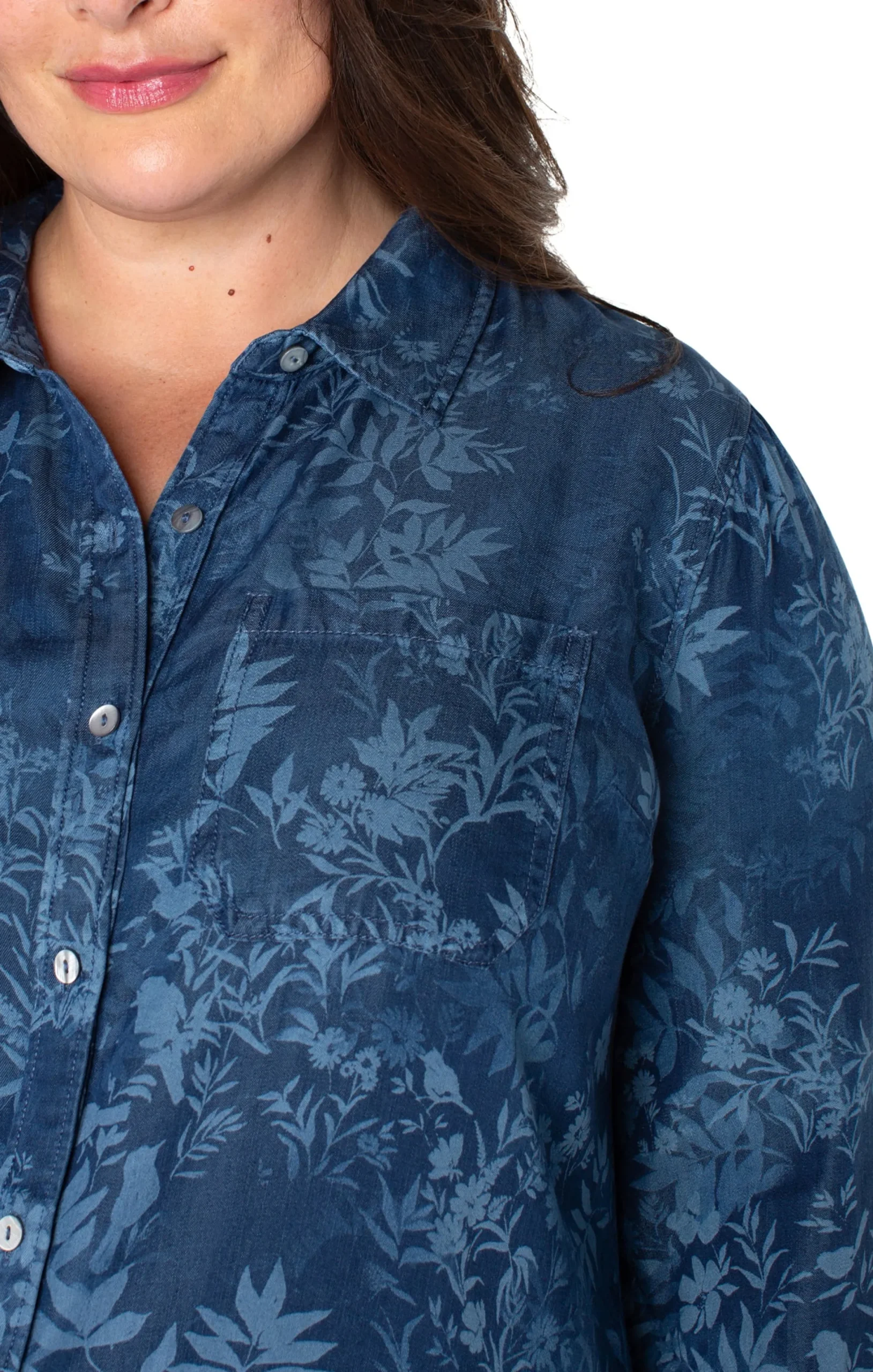 Tops-Liverpool Los Angeles ROLLED SLEEVE BUTTON DOWN SHIRT Indigofloral