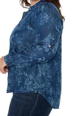 Tops-Liverpool Los Angeles ROLLED SLEEVE BUTTON DOWN SHIRT Indigofloral
