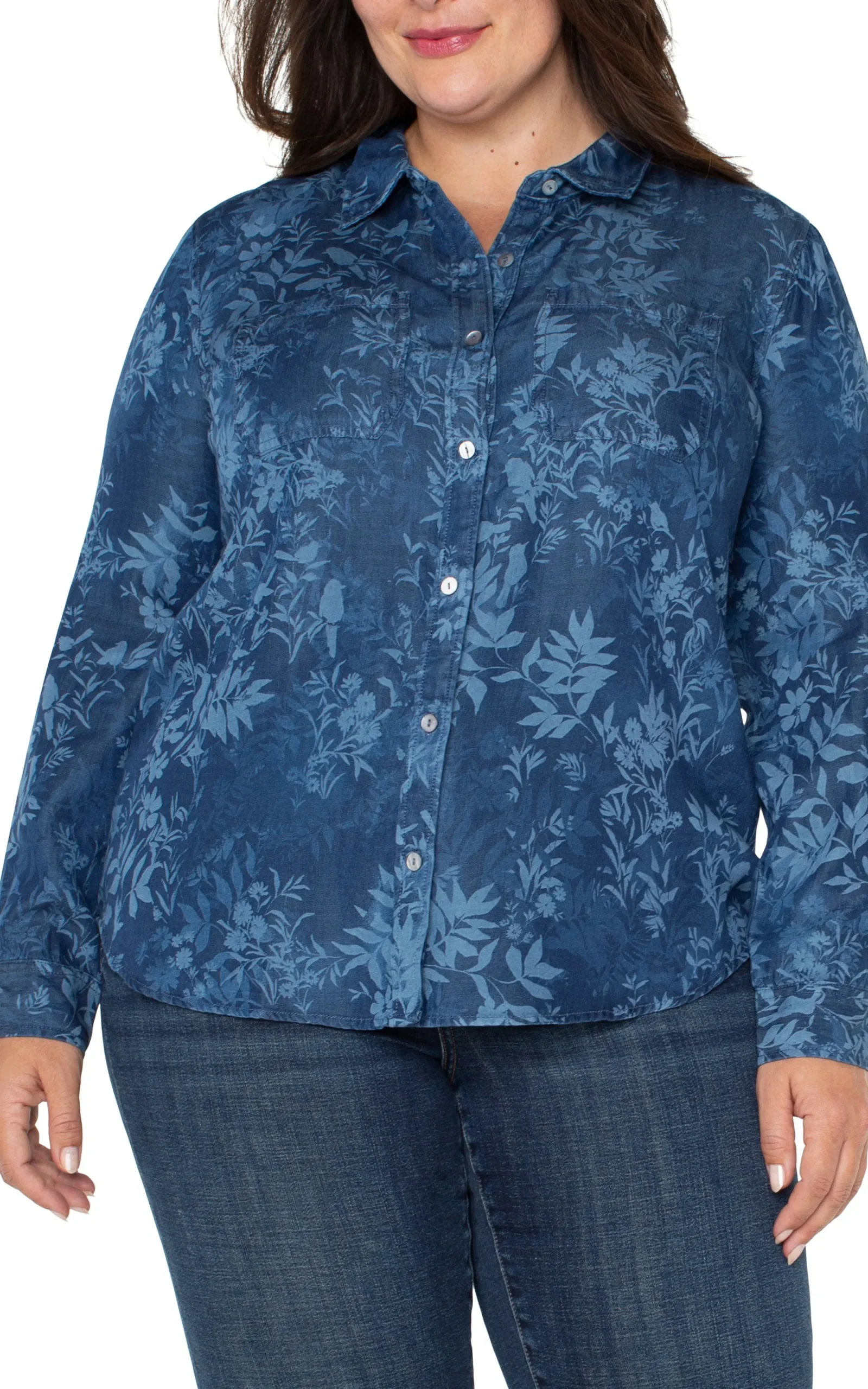 Tops-Liverpool Los Angeles ROLLED SLEEVE BUTTON DOWN SHIRT Indigofloral