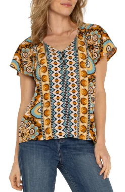 Tops|Tops-Liverpool Los Angeles SHORT FLUTTER SLEEVE RAGLAN WOVEN TOP Oceanjaspermulti