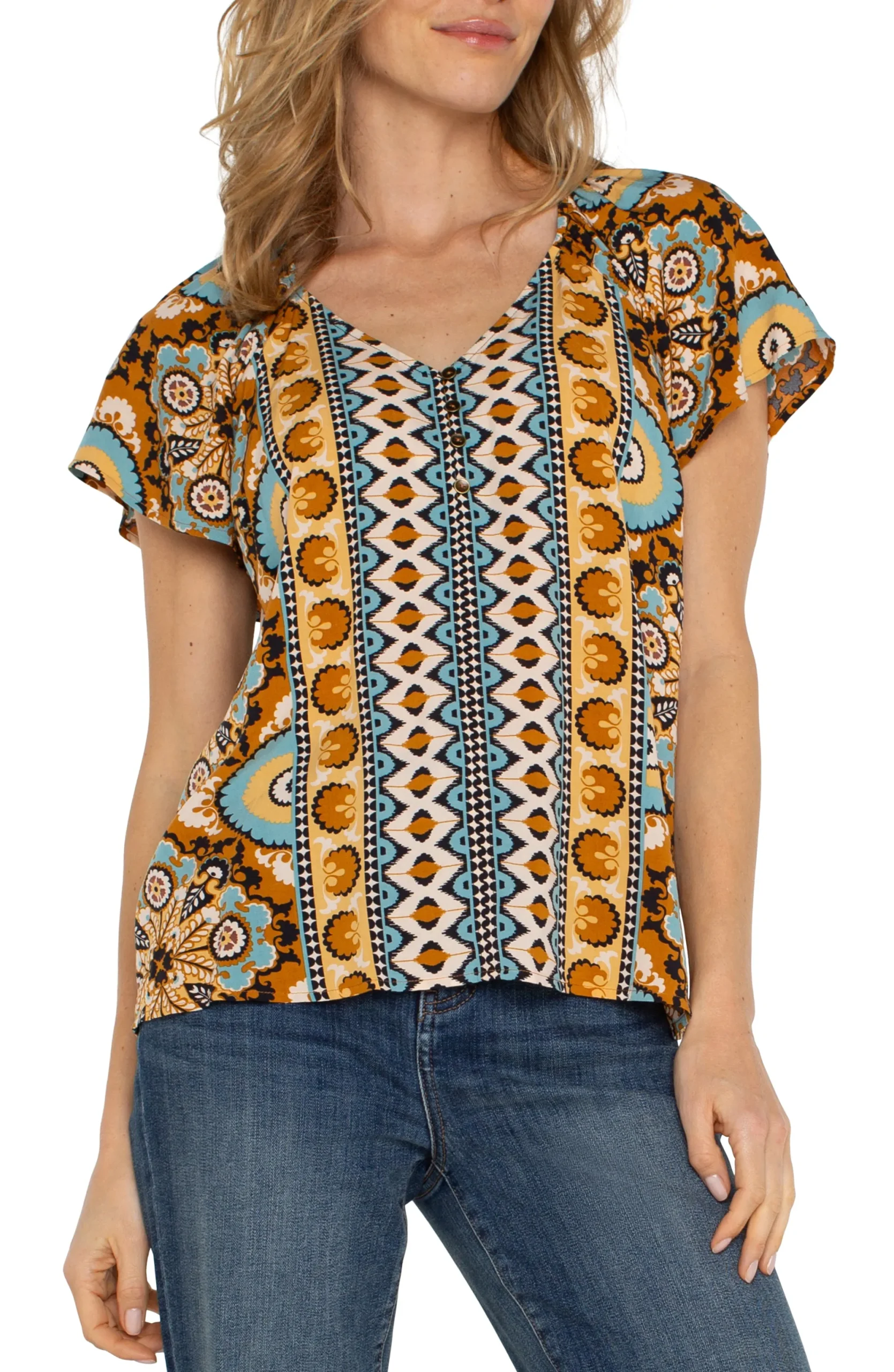 Tops|Tops-Liverpool Los Angeles SHORT FLUTTER SLEEVE RAGLAN WOVEN TOP Oceanjaspermulti