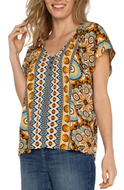 Tops|Tops-Liverpool Los Angeles SHORT FLUTTER SLEEVE RAGLAN WOVEN TOP Oceanjaspermulti