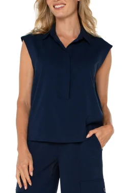 Tops-Liverpool Los Angeles SLEEVELESS CROPPED SHIRT Darknavy