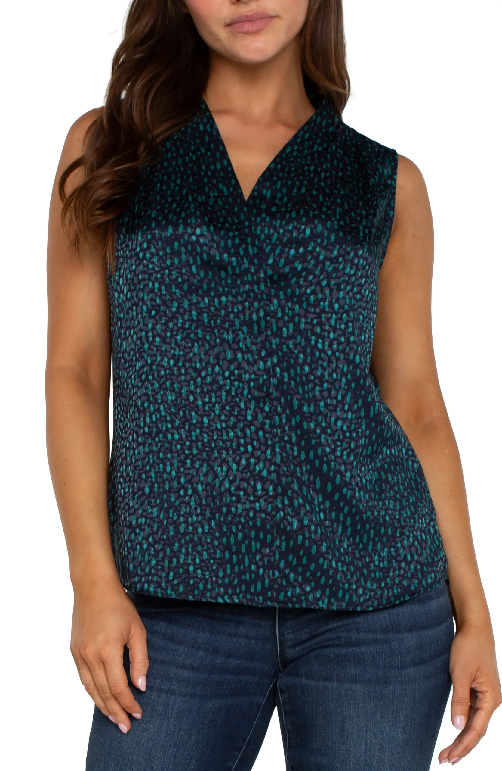Tops-Liverpool Los Angeles SLEEVELESS PLEATED NECK WOVEN BLOUSE Navymalachitedot