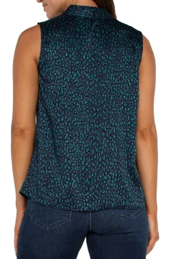 Tops-Liverpool Los Angeles SLEEVELESS PLEATED NECK WOVEN BLOUSE Navymalachitedot