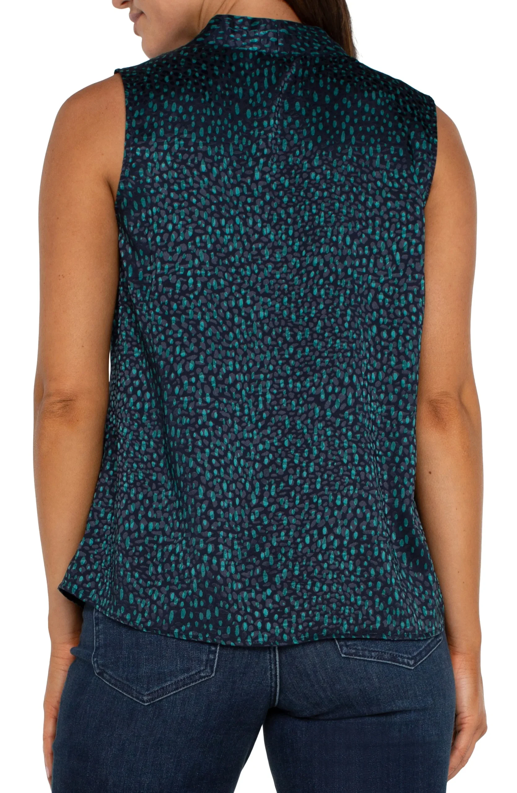 Tops-Liverpool Los Angeles SLEEVELESS PLEATED NECK WOVEN BLOUSE Navymalachitedot
