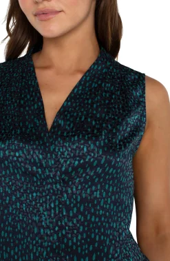 Tops-Liverpool Los Angeles SLEEVELESS PLEATED NECK WOVEN BLOUSE Navymalachitedot