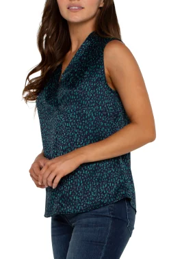 Tops-Liverpool Los Angeles SLEEVELESS PLEATED NECK WOVEN BLOUSE Navymalachitedot