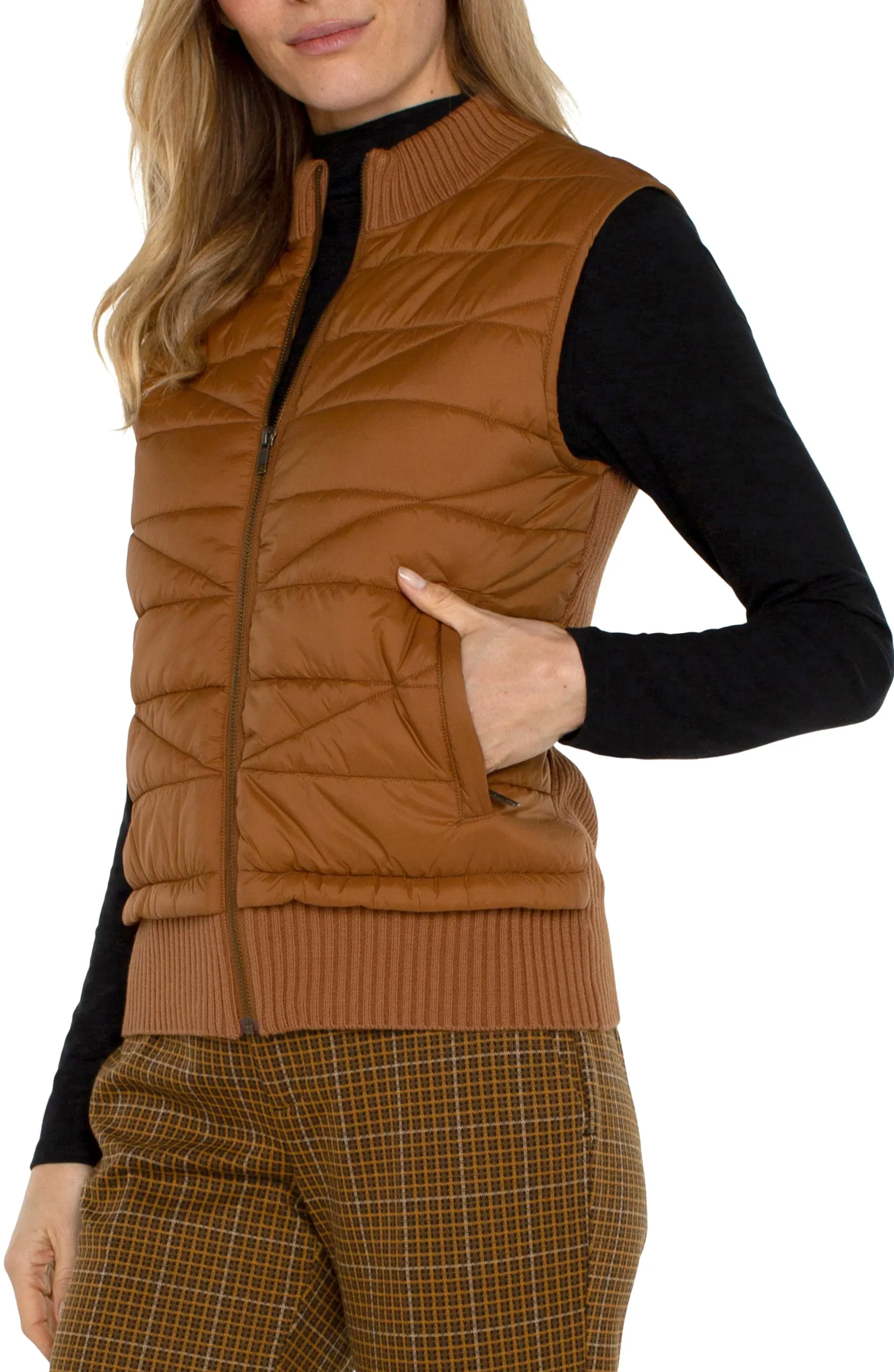 Jackets-Liverpool Los Angeles SLEEVELESS QUILTED FULL ZIP SWEATER VEST Turmeric