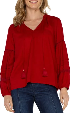 Tops-Liverpool Los Angeles TIE FRONT POPOVER SHIRRED BLOUSE Carnelianred