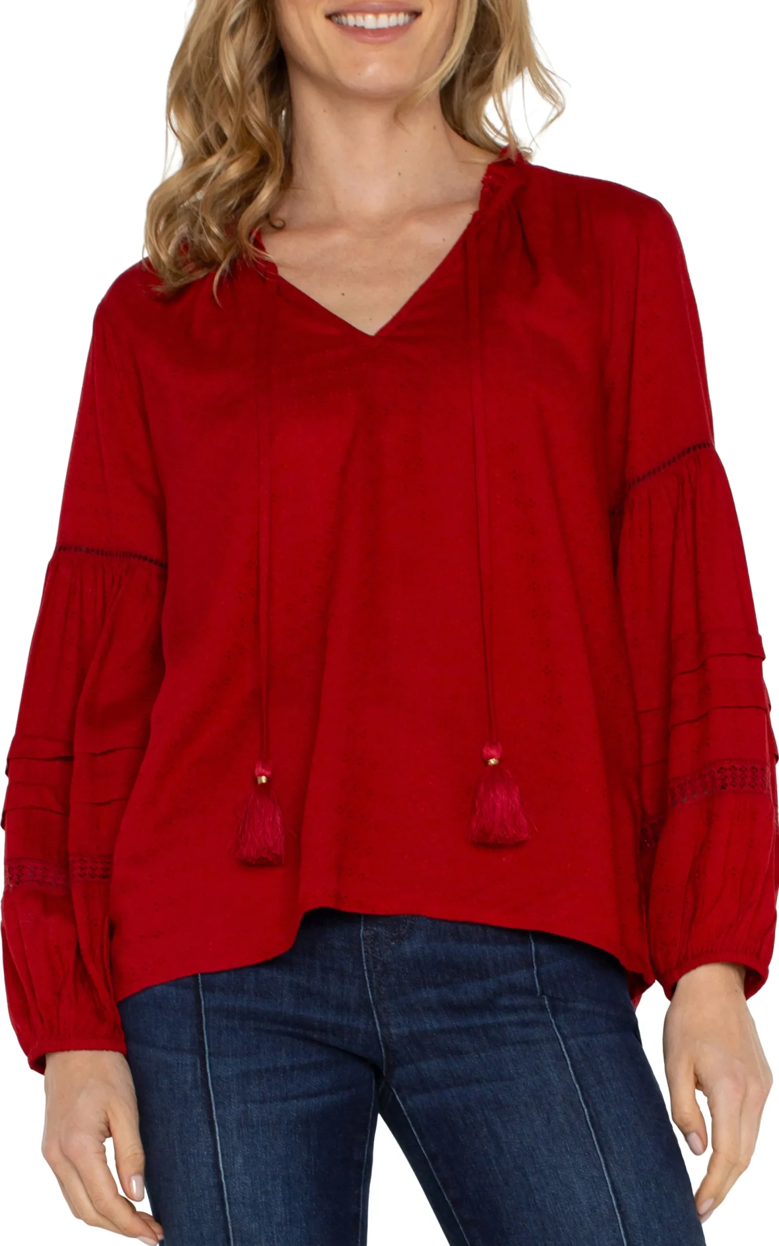 Tops-Liverpool Los Angeles TIE FRONT POPOVER SHIRRED BLOUSE Carnelianred