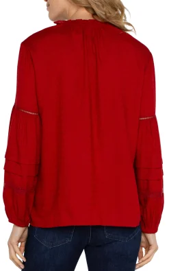Tops-Liverpool Los Angeles TIE FRONT POPOVER SHIRRED BLOUSE Carnelianred